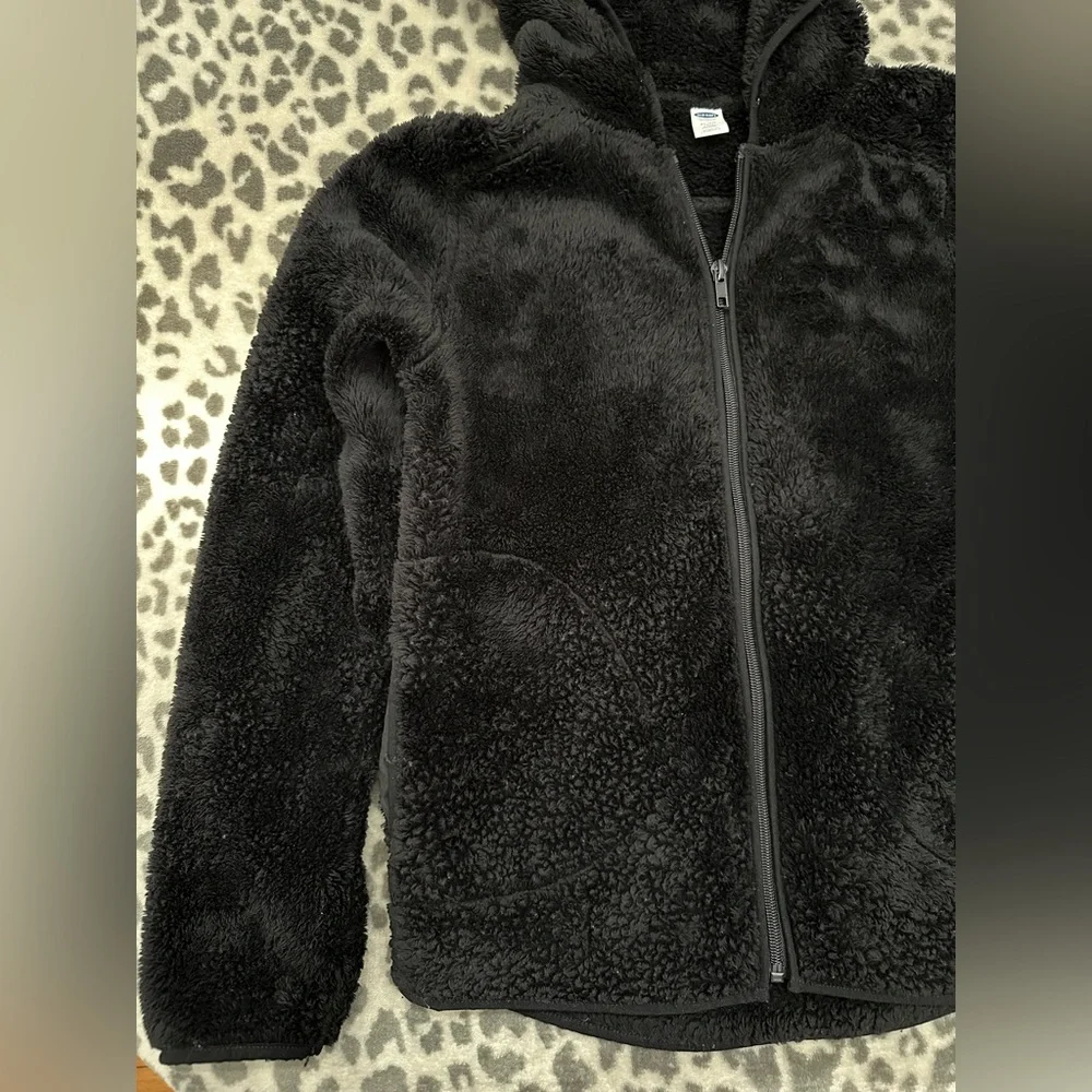 Old Navy Fuzzy Full Zip Hooded Jacket in Black Jack Size XL 14 Girls